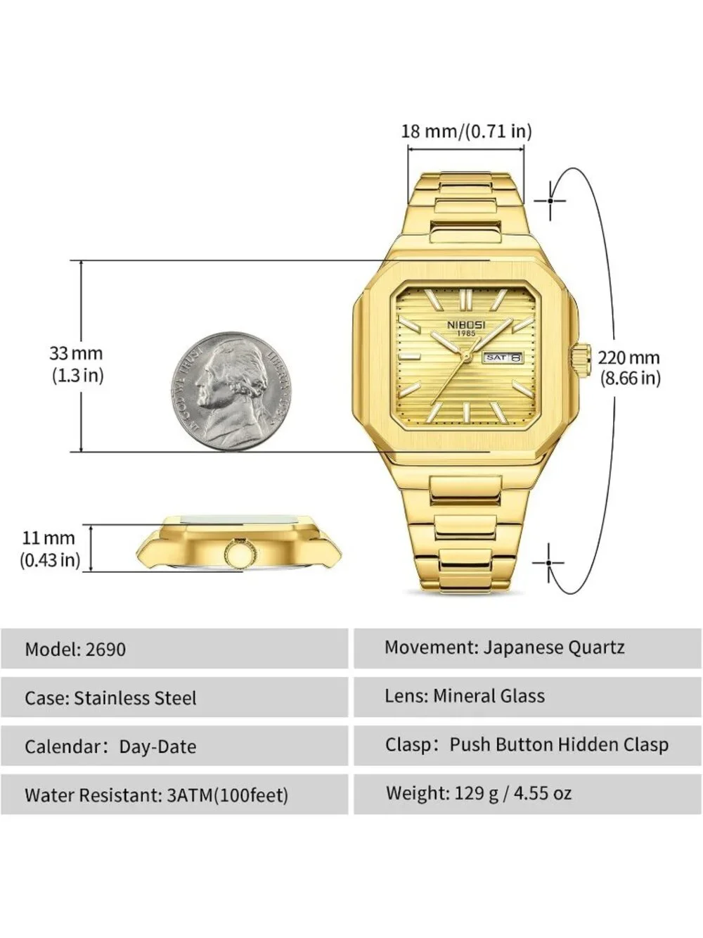 Nibosi Men's Gold Analog Quartz Stainless Steel Waterproof Date Square Watch